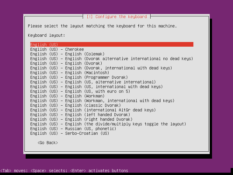 Select English (US) as keyboard layout