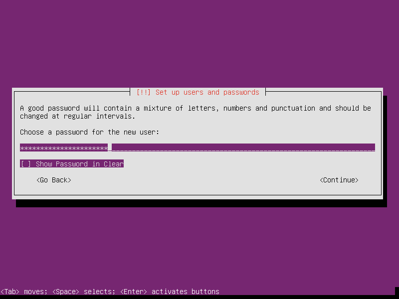 Choose a password for the new user