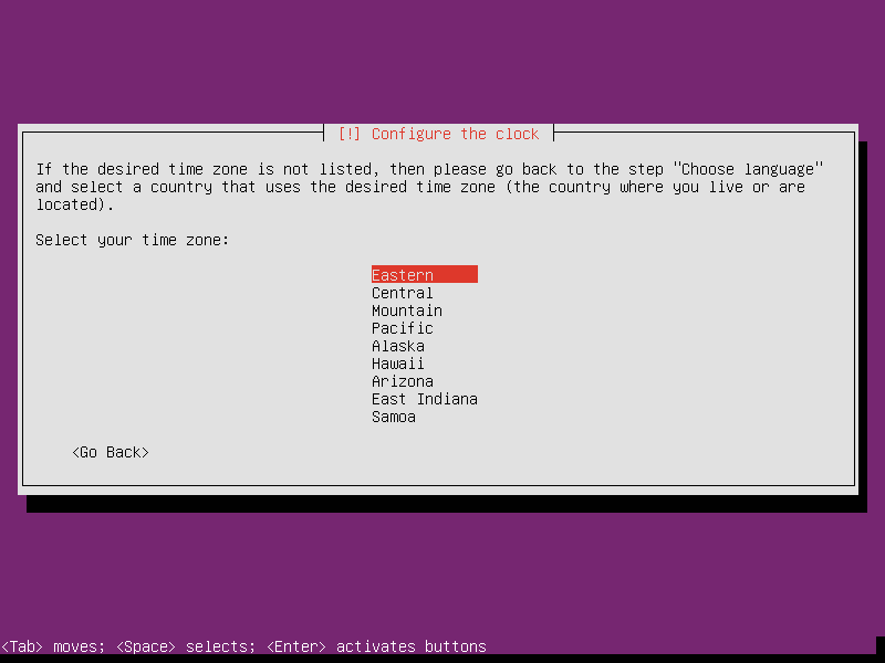 Select eastern as the time zone