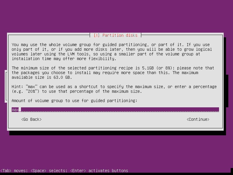 Set all to valume group to use for guided partitioning